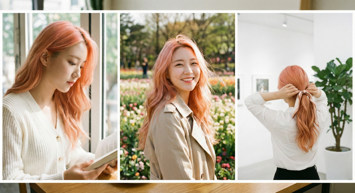 粉橘色髮色融合甜粉與活力橘，自然提亮膚色，顯白又減齡。