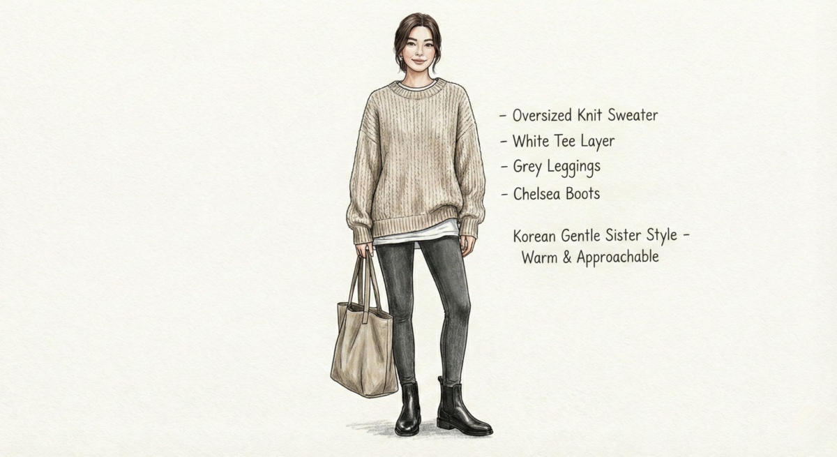 一張時尚插畫,展示了一位女性身穿「韓系溫柔姊姊風格」的穿搭。她穿著一件寬鬆的米色麻花針織毛衣,內搭白色 T 恤露出層次,下身搭配灰色緊身褲與黑色切爾西靴,肩背一個大托特包。圖片文字描述此風格為「溫暖且親切」(Warm & Approachable)。