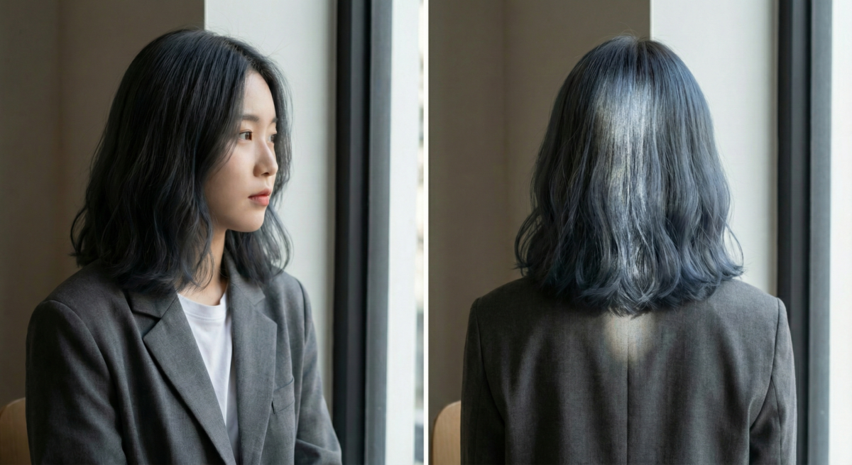 這是 2026 年強烈推薦的個性髮色,室內接近質感深色,陽光下則閃現神祕藍光。