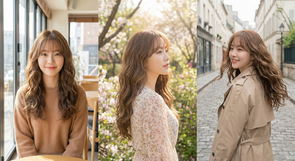 水波捲長髮配法式瀏海，蓬鬆自然波紋柔化臉型，浪漫又增添女人味。