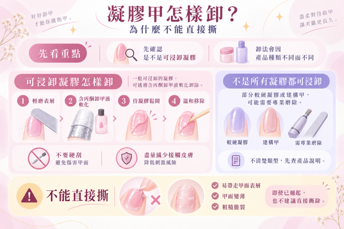 Gel甲正確卸除指南資訊圖:Soak-off Gel與Hard Gel卸甲流程對比,以及強行撕甲導致天然指甲變薄受損示意圖。