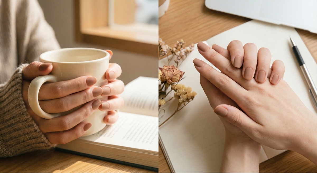 啞光焦糖棕以磨砂霧面呈現如麂皮般的絲絨質感，營造溫暖厚實、低調內斂且具高級時髦感的秋冬氛圍。