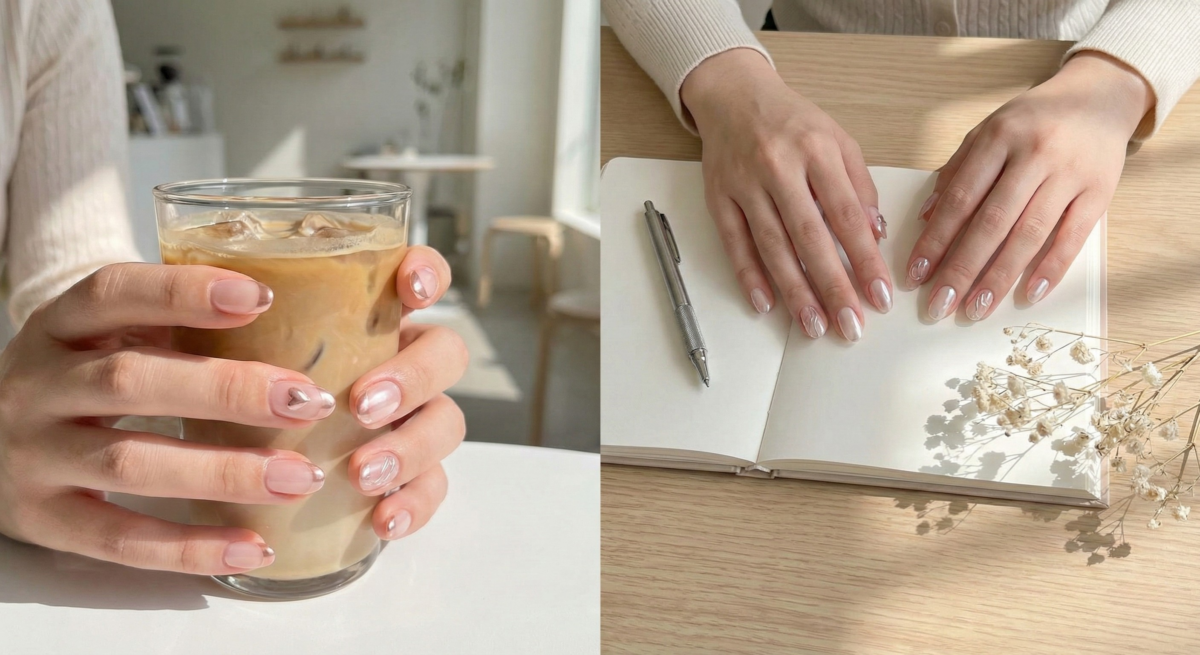 「鉻光美甲」是柔和版的透明感美甲，將透明底色搭配局部鉻光或金屬線條，呈現低調閃耀的時髦鏡面效果。