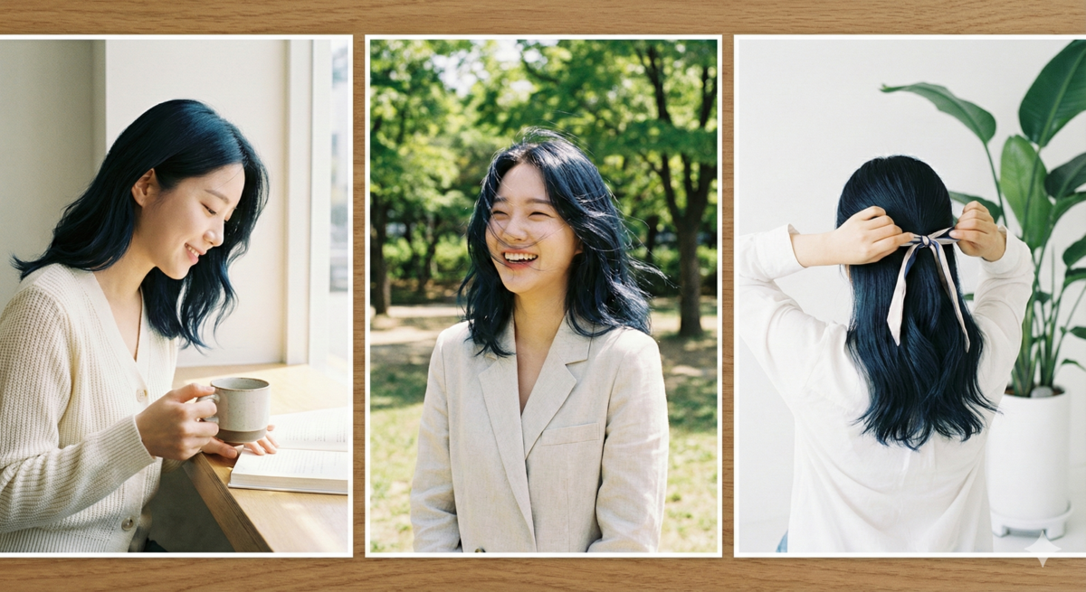 藍黑色髮色將冷藍融入黑髮，低調顯白、增添層次感，自然中和黃氣，瞬間提亮氣色。