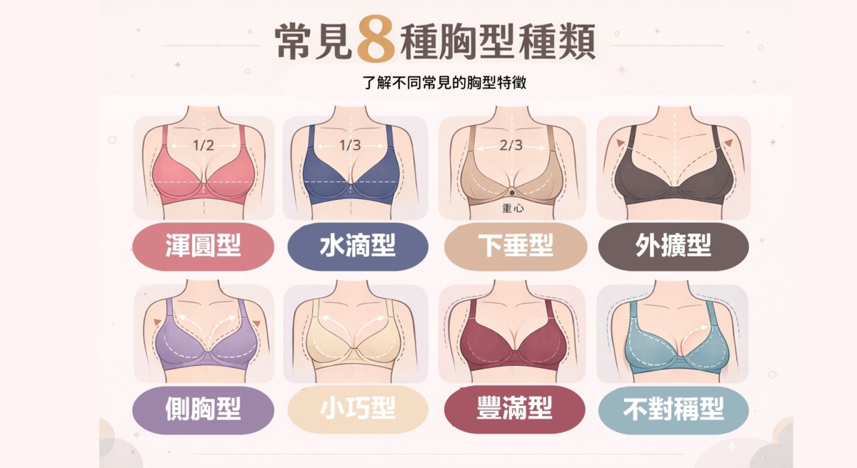 這是一張展示「常見 8 種胸型種類」的資訊圖表,列出並以插畫說明了:渾圓型、鐘型、下垂型、外擴型、側胸型、小巧型、豐滿型以及不對稱型。