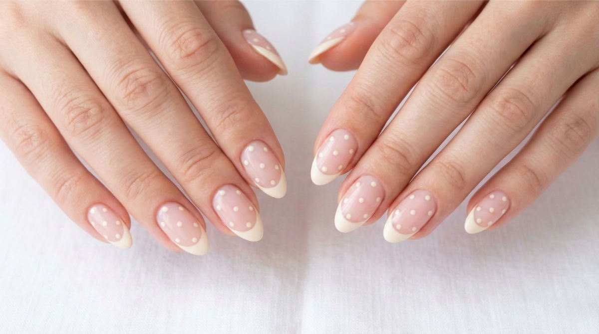 圖中展示的是法式波點美甲款式,這款設計將可愛的波點與優雅的法式美甲結合,在微透的甲面上繪製均勻的波點,創造出鮮明的視覺反差。