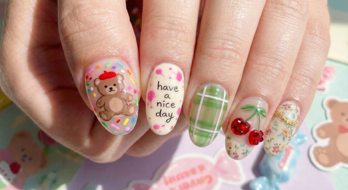 這是一款典型的「不對稱混搭設計」，它打破了十指必須一樣的規則，每一隻手指都是一個獨立的小畫布。