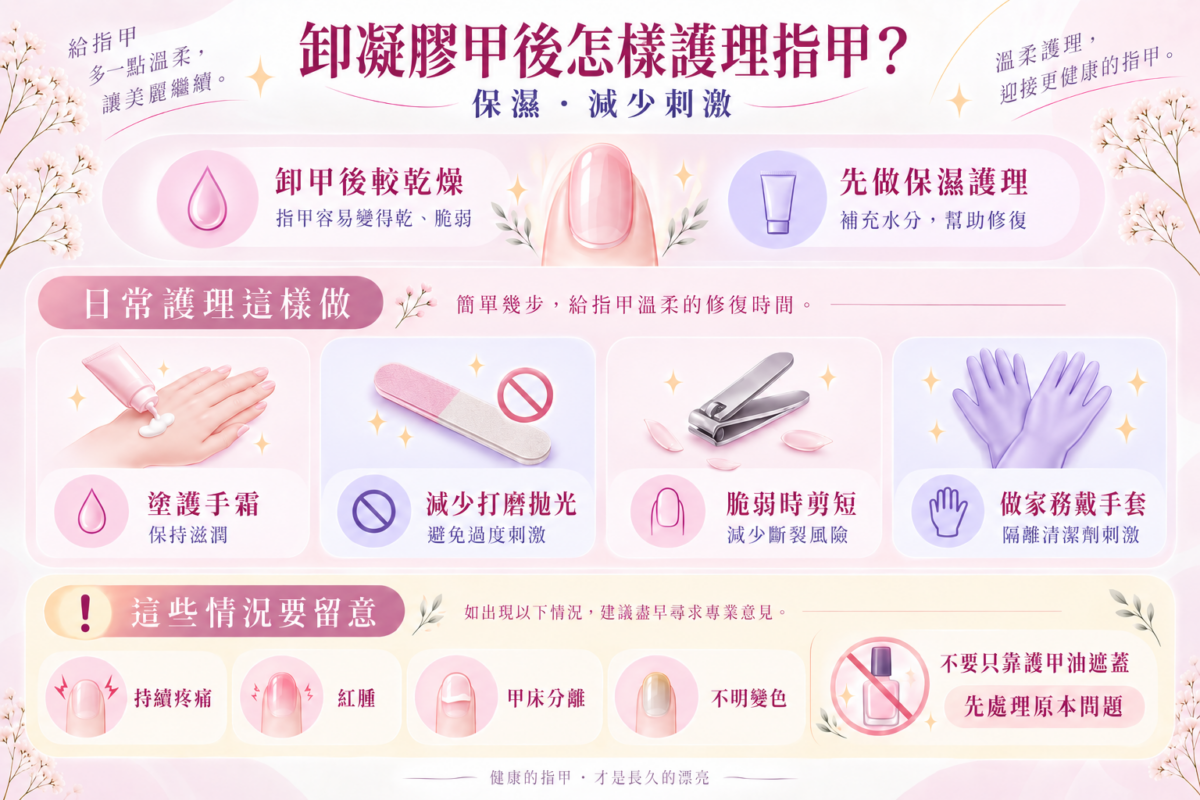 卸Gel後指甲護理指南資訊圖:4大日常保濕修護步驟與持續疼痛、紅腫、甲床分離等異常警訊說明。