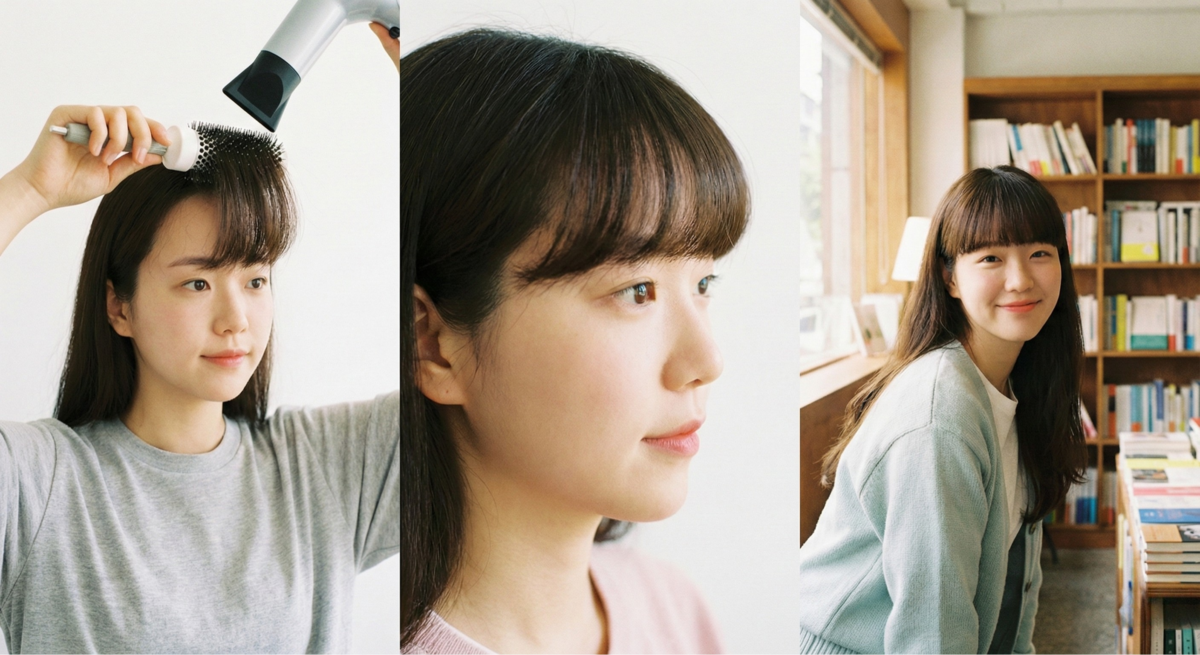 留至齊眉的蓬鬆齊瀏海能有效遮蓋額頭並縮短臉型視覺，特別適合修飾長臉與高額頭。