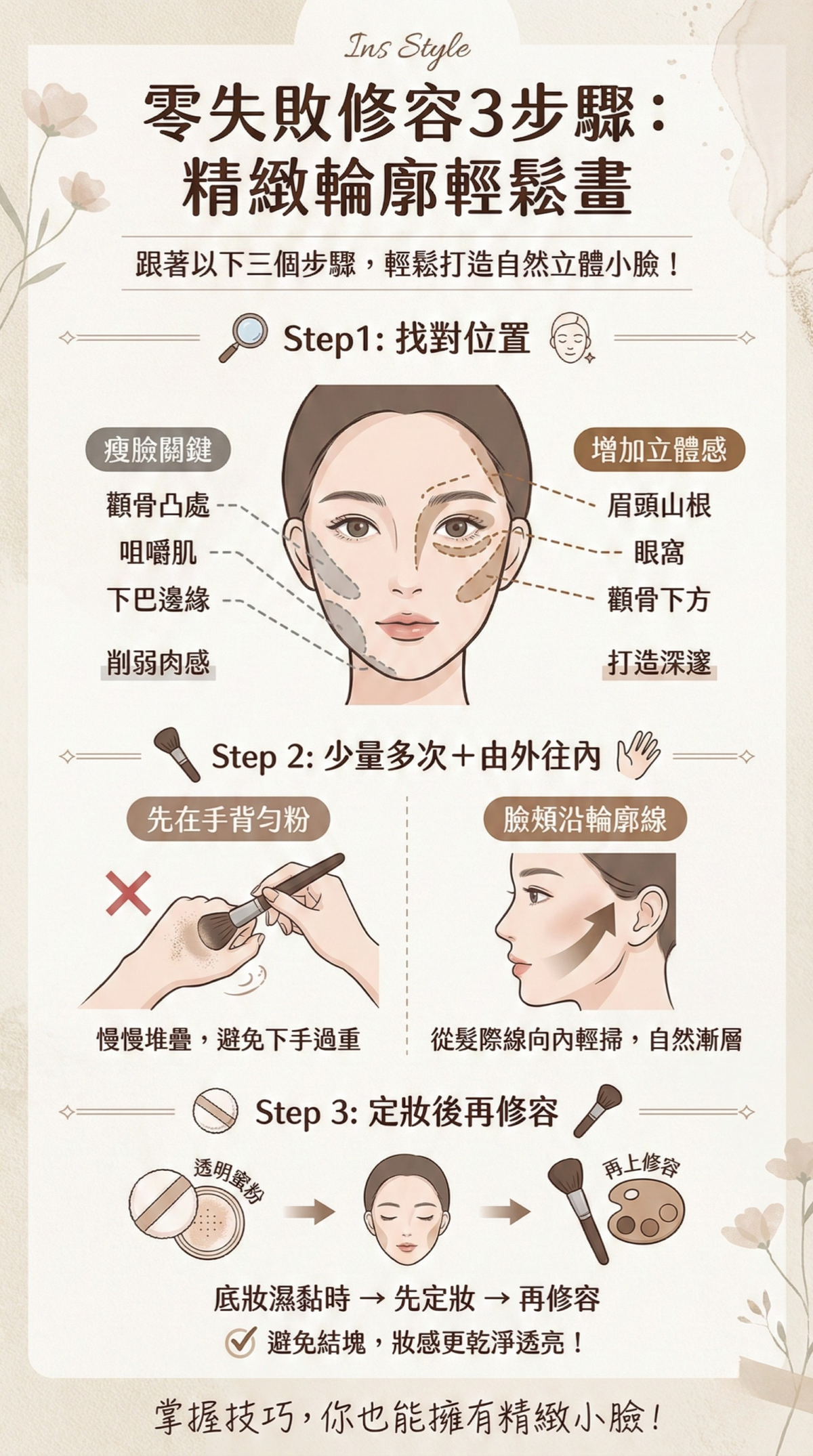 臉部修容位置示意圖:左側展示瘦臉修容區域包含顴骨、咀嚼肌與下巴邊緣;右側展示立體感修容區域包含眉頭山根、眼窩與顴骨下方,並附註少量多次與定妝後使用的技巧。
