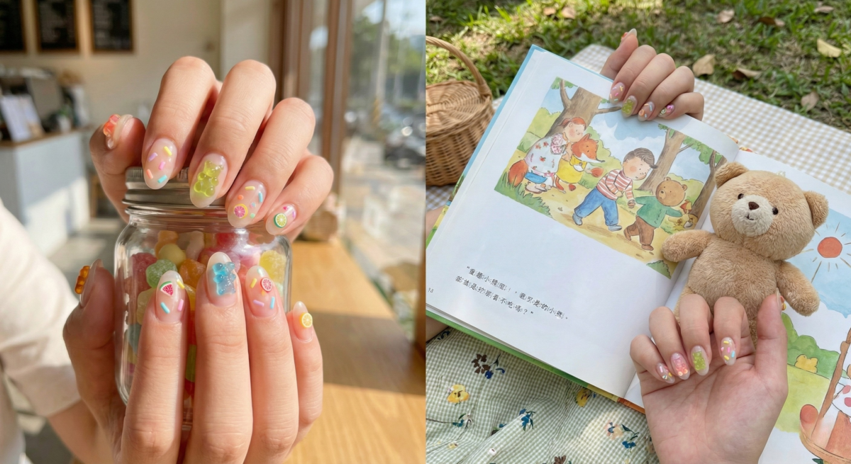 「童趣小熊彩糖」透明感美甲，將透明底色搭配立體小熊與彩糖元素，風格甜美俏皮、晶透亮眼，極具活力減齡效果。