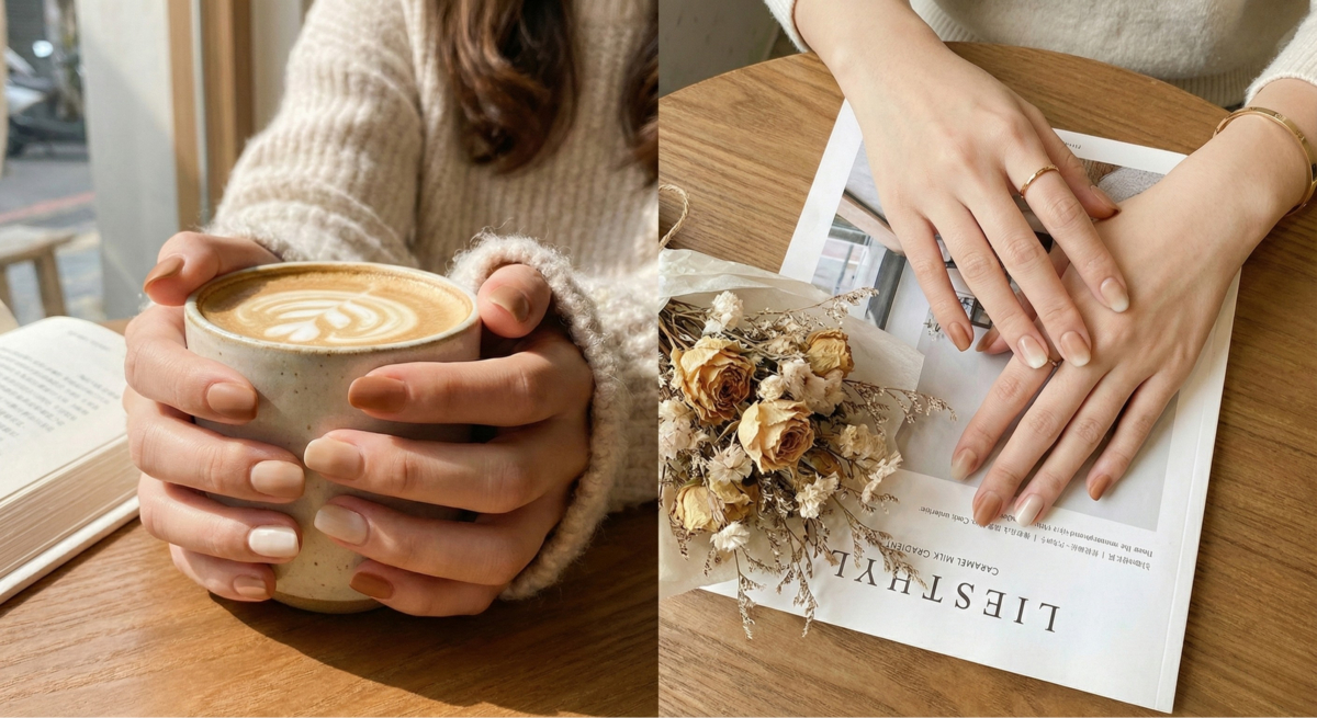 焦糖奶霜暈染將焦糖與奶茶色調暈染出如咖啡拉花般的柔霧層次，展現溫暖親切、適合搭配針織穿搭的日系溫柔氣質。