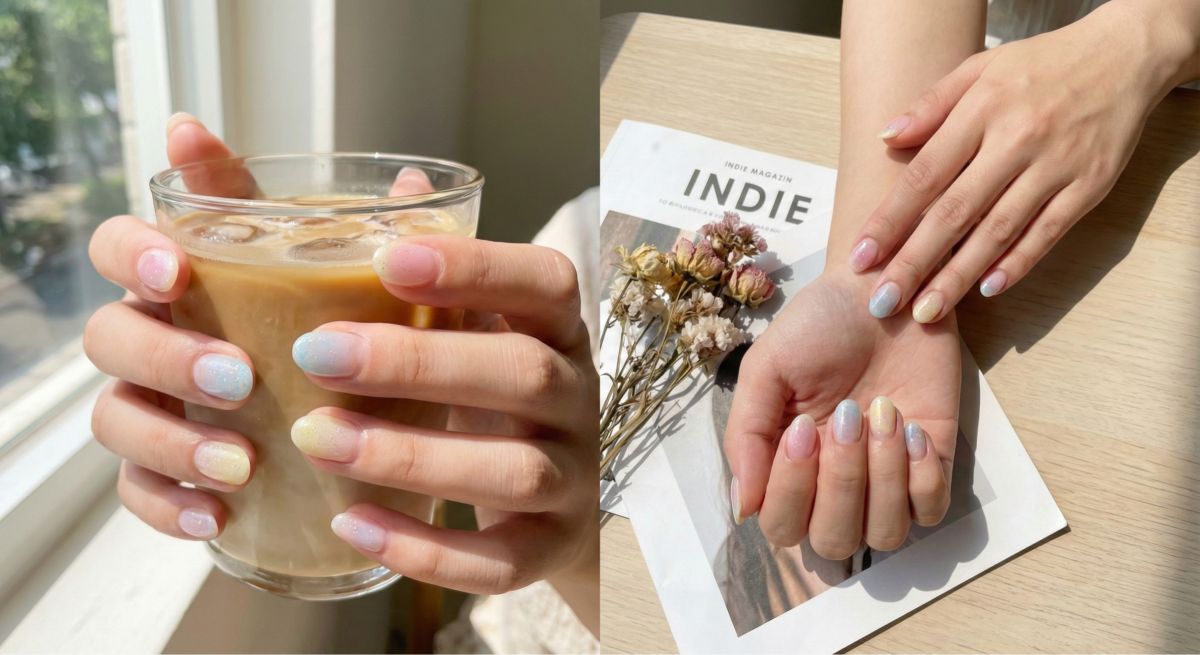 「粉彩透色夾心」透明感美甲，以三種柔和粉彩色疊加細閃亮片營造層次感與甜美氣質，輕盈迷人且短甲友善。