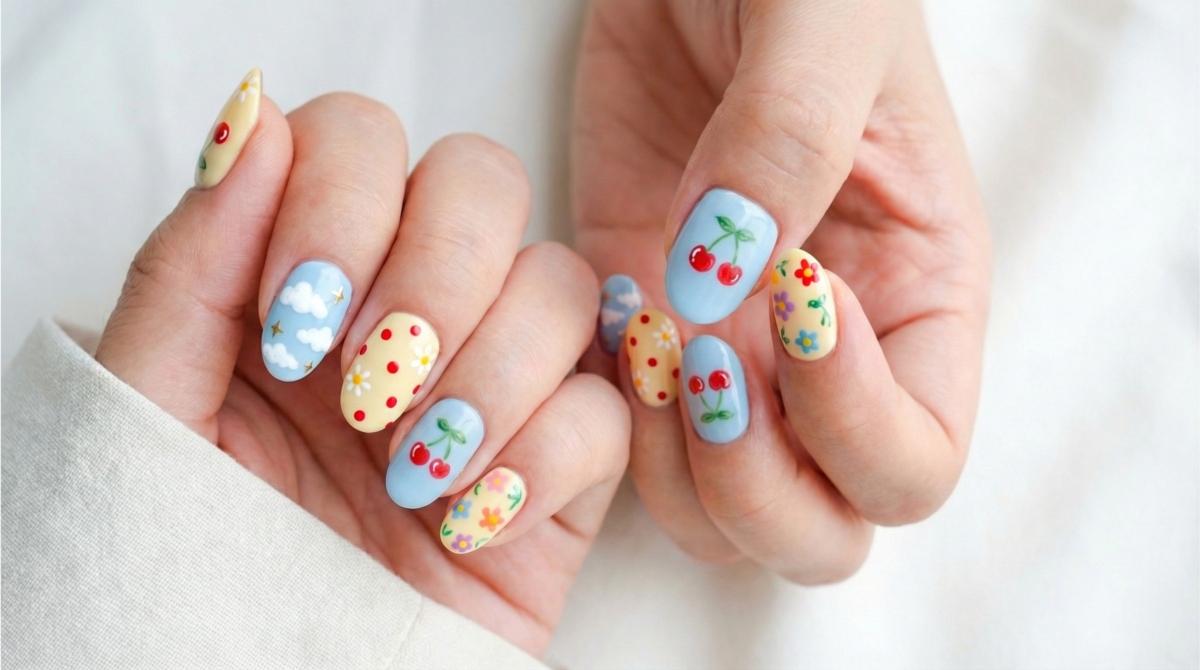 圖中展示的是雲朵櫻桃樂園美甲款式,以清爽的天空藍與柔和的卡士達黃為基底,跳色搭配鮮豔的紅色櫻桃與小花,集結了所有令人心情愉悅的元素。