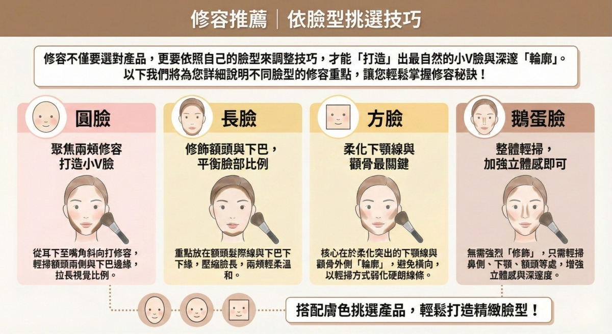 這是一張美妝教學圖表，標題為「修容推薦｜依臉型挑選技巧」，指導使用者如何根據四種不同臉型進行修容。內容建議：圓臉應聚焦兩頰，從耳下至嘴角斜向修容並輕掃額頭兩側，以拉長視覺比例；長臉需修飾額頭髮際線與下巴下緣，以壓縮臉長並平衡比例；方臉關鍵在於柔化下顎線與顴骨外側，弱化硬朗線條；鵝蛋臉則無需強烈修飾，僅需輕掃鼻側、下顎與額頭處增強立體感。圖表底部提示需搭配膚色挑選產品，以打造精緻臉型。