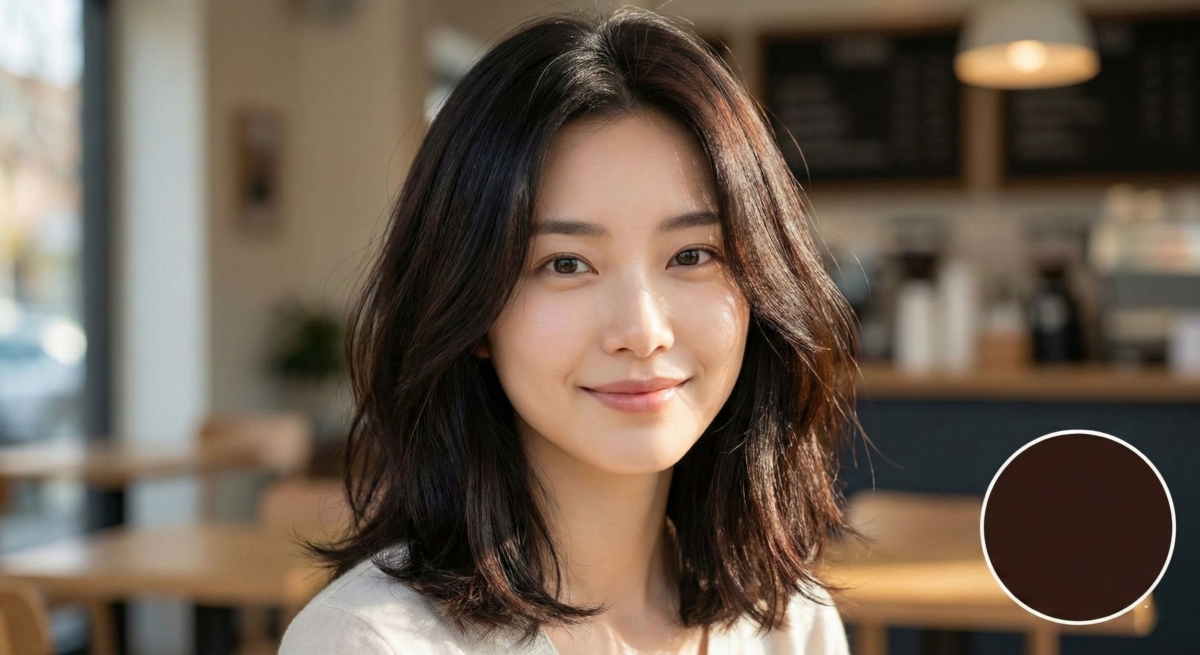 它是介於深咖啡與黑色之間的色調，在室內幾乎像是黑色，但更有透明度，不會壓抑妳的五官。