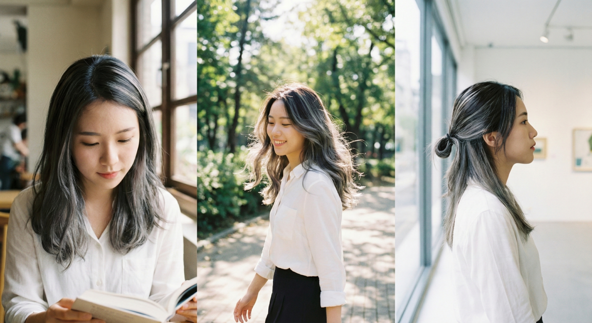 遮白髮首選奶灰色手刷挑染，冷調線條自然過渡，營造立體光影感，高級時尚又遮白髮。