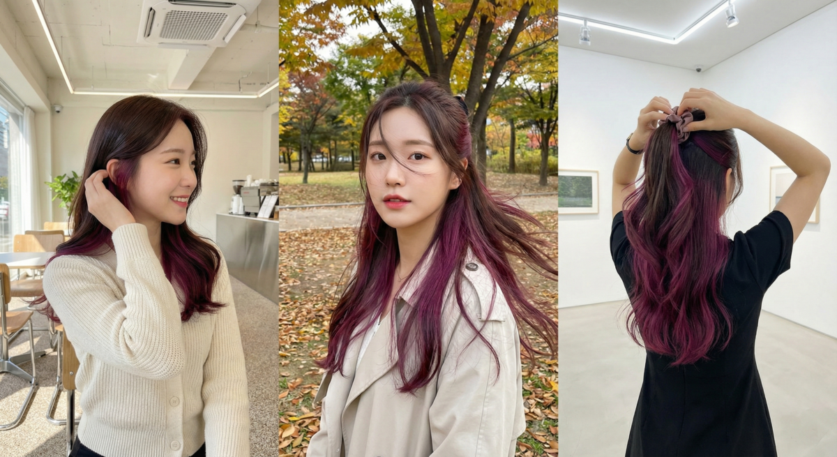 莓果色內餡區塊染將紫紅莓果色藏於髮內層，低調中帶神秘感，顯白又耐看，是秋冬限定的高級寶藏髮色。
