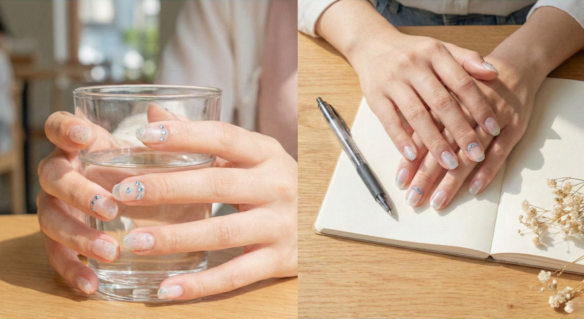 「冰透藍鑽」透明感美甲以透明底色搭配藍色水鑽和細閃亮片，風格清爽晶透、如海洋般沁涼，奢華又百搭。