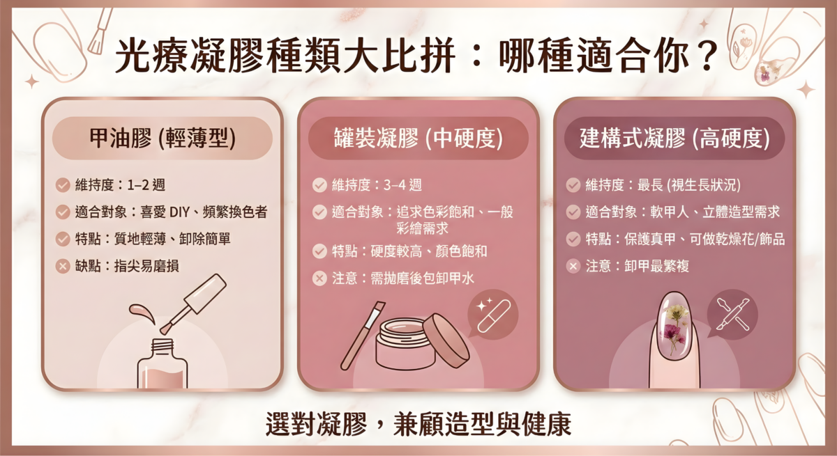 光療指甲凝膠(甲油膠、罐裝凝膠、建構式凝膠)比較圖表,分別列出三者的維持時間、適合族群、硬度差異以及卸甲難易度,幫助使用者選擇適合的美甲方案。