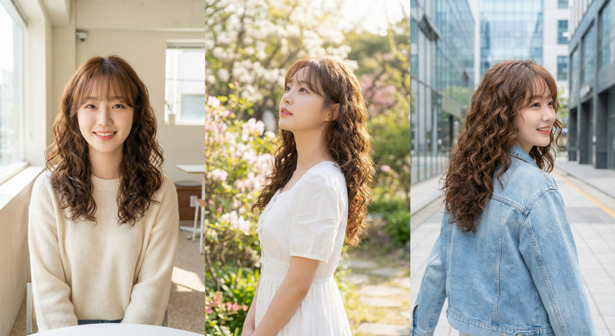 中長蛋捲頭配法式瀏海，小波紋捲度增蓬鬆與浪漫感，修飾下顎線打造精緻小臉。