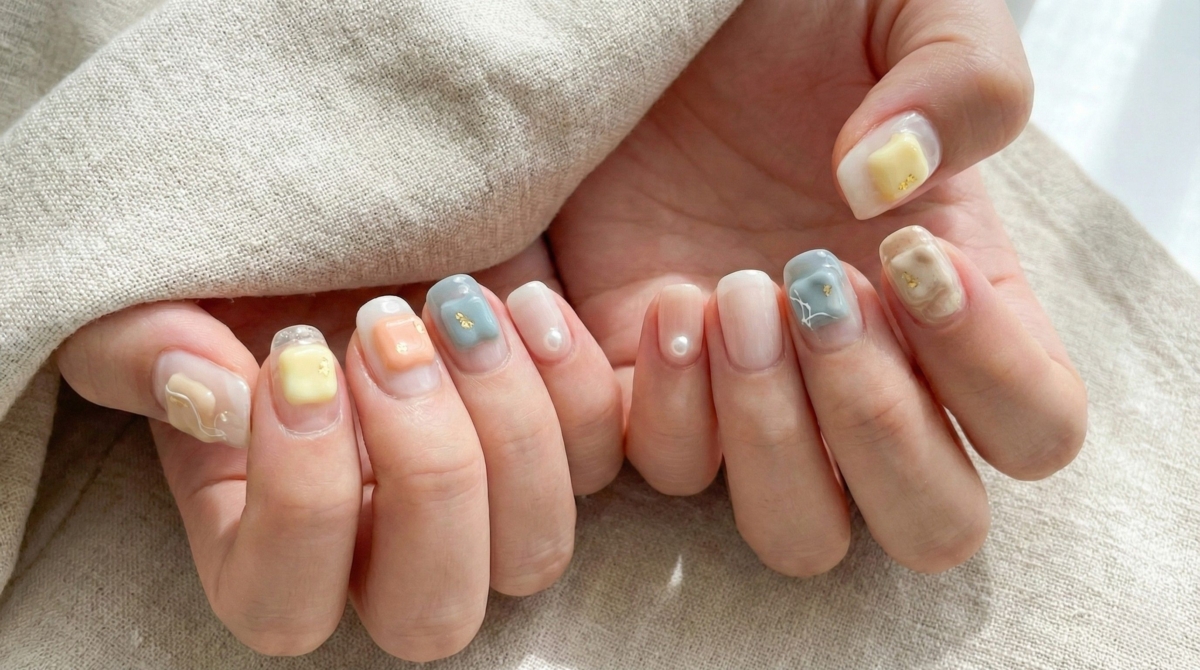 圖中展示的是彩色方塊美甲款式,它既保留了簡約的留白空間,又增添了一絲甜美與玩味,是一款非常適合上班族,既不突兀又能展現品味的氣質款。