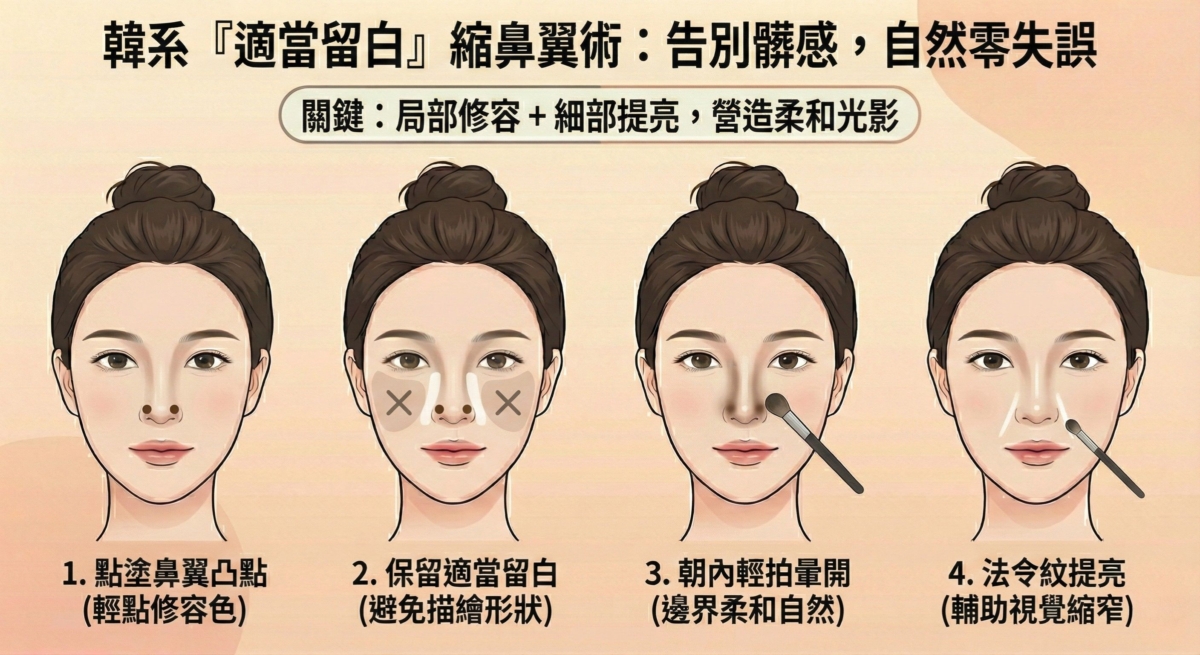 這張圖片介紹了「韓系『適當留白』縮鼻翼術」,主打告別妝容髒感、自然零失誤。其核心技巧在於「局部修容」配合「細部提亮」:首先僅在兩側鼻翼最凸出處點上修容色,並強調需保留周圍留白、不可將鼻翼形狀完全框死;接著將修容點朝內輕拍暈開以保持邊界柔和自然,最後在法令紋處進行提亮,輔助視覺上進一步縮窄鼻翼寬度。