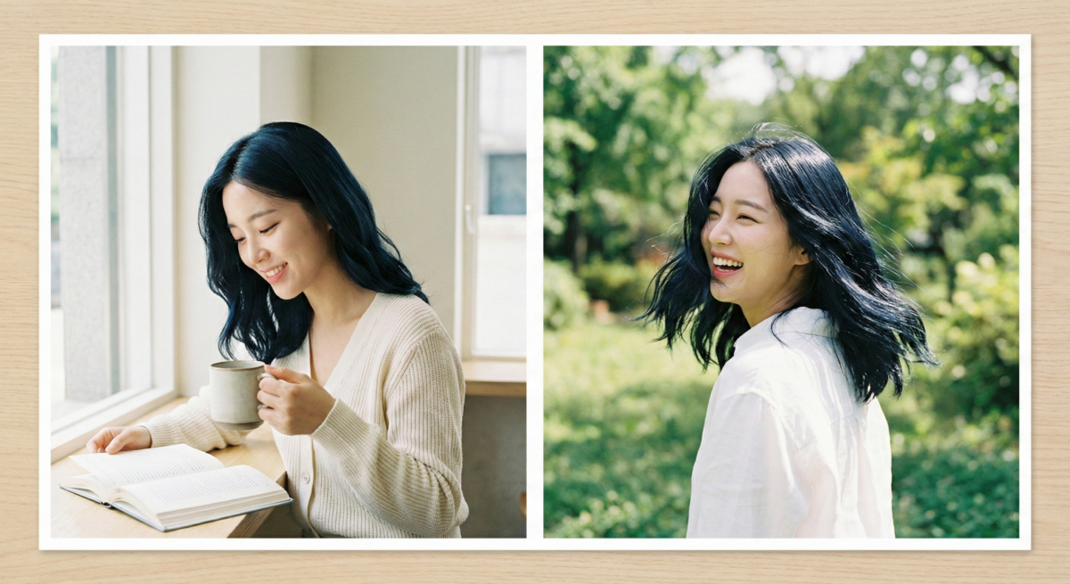 靜謐藍黑免漂顯白髮色，冷酷神秘且百搭，提亮膚色、修飾臉型，陽光下透幽藍光澤，高級又型格。