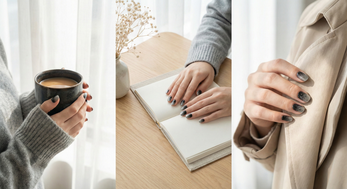 高級銀黑漸層美甲將黑色漸變至閃亮銀色,營造冷淡高級的金屬質感,是秋冬或Y2K風格必備的帥氣個性之選。