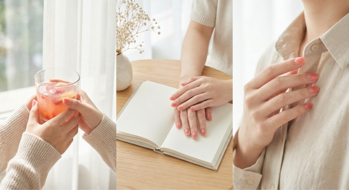 純欲腮紅漸層美甲以粉色或珊瑚色暈染甲面中央,營造臉頰般自然紅暈,散發甜美爆棚的柔和少女感。