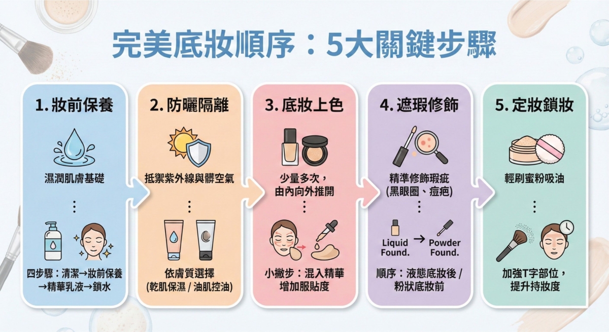 一張關於「完美底妝 5 大關鍵步驟」的教學圖表,按順序解析了:1. 妝前保養 (強調保濕鎖水)、2. 防曬隔離 (依膚質挑選)、3. 底妝上色 (少量多次與混入精華技巧)、4. 遮瑕修飾 (依底妝質地決定順序) 以及 5. 定妝鎖妝 (加強 T 字部位控油) 的完整流程。