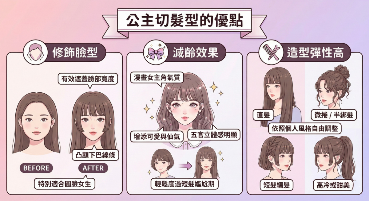 公主切髮型的優點示意圖：展示公主切透過臉側區塊剪修飾臉型、帶來減齡效果，且造型彈性高，能隨風格變化展現甜美或高冷魅力。