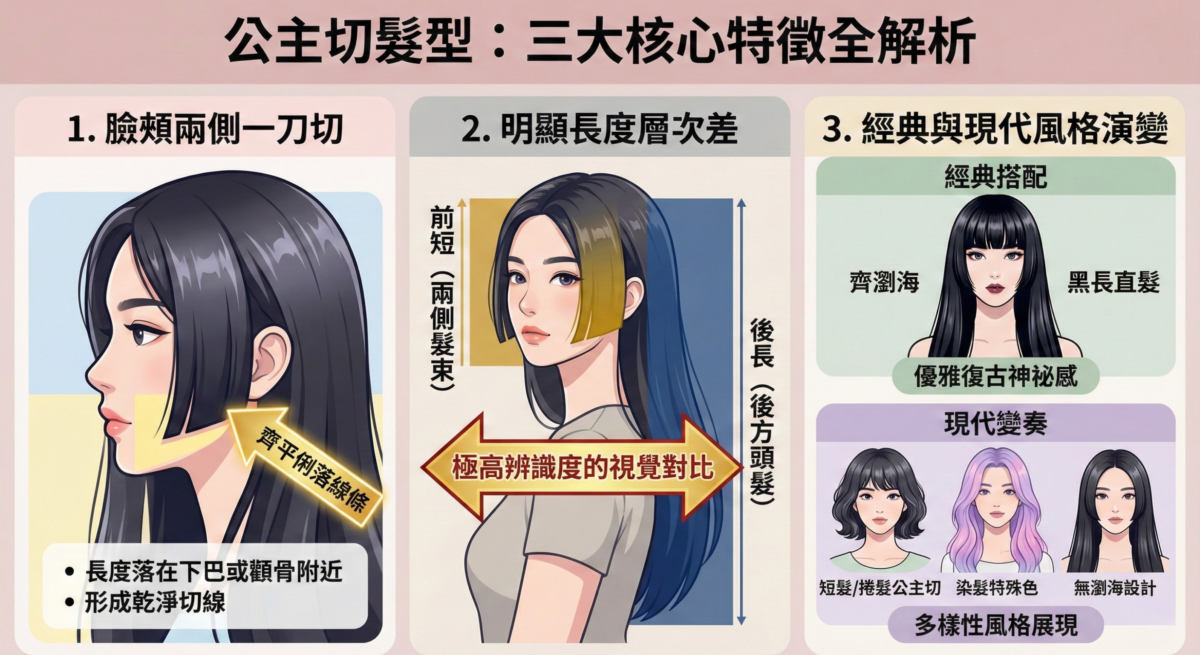 「公主切髮型的三大特徵」圖表，詳細展示公主切髮型的特徵：臉頰兩側齊平俐落的「一刀切」線條；前短後長的明顯「長度層次差」對比；以及經典的齊瀏海黑長直風格與現代多樣化的短髮、捲髮及染髮變奏的差異。