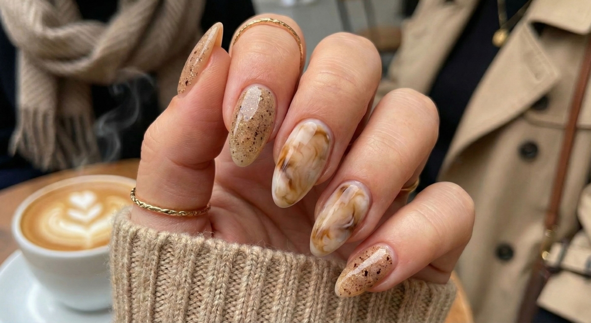 在未照乾的奶白底色上，滴入透透的琥珀色或深咖啡色，利用拉線筆快速勾勒，模擬出液體融合的瞬間。