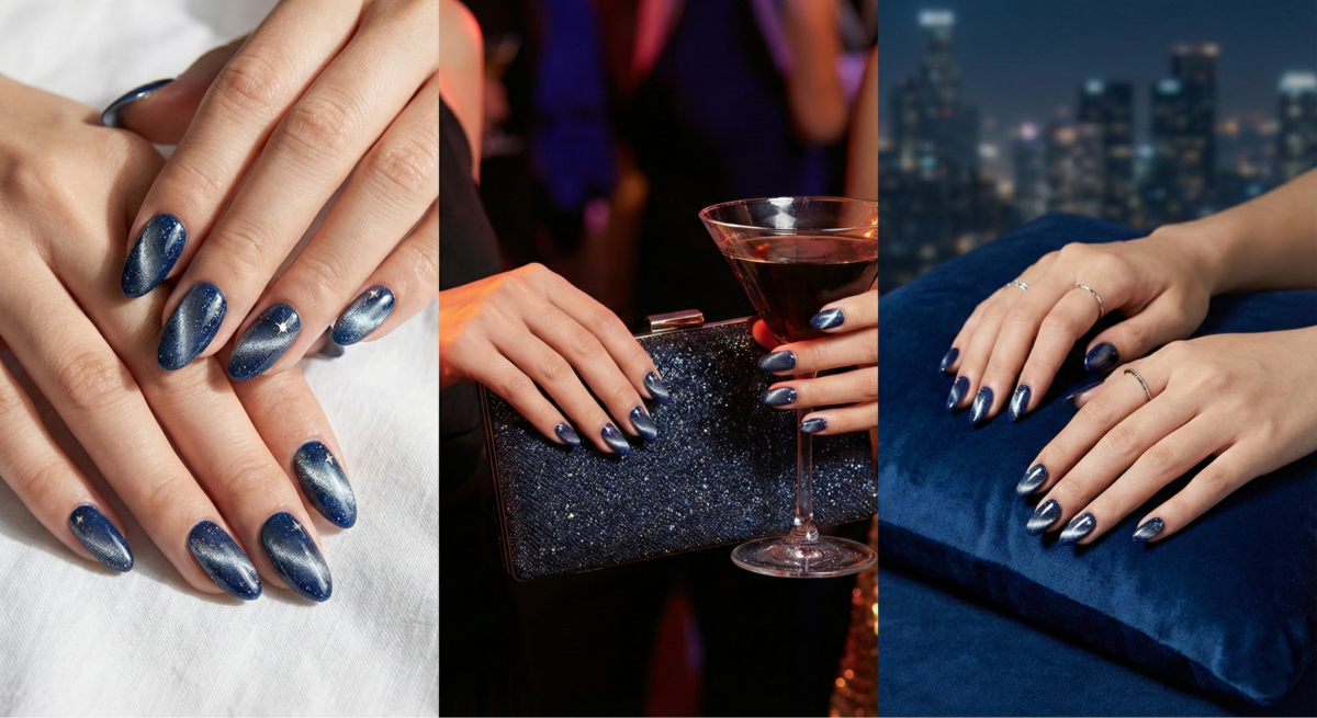 夜光藍貓眼指甲以深藍銀灰與星點亮粉呈現神秘星空,派對與約會焦點。