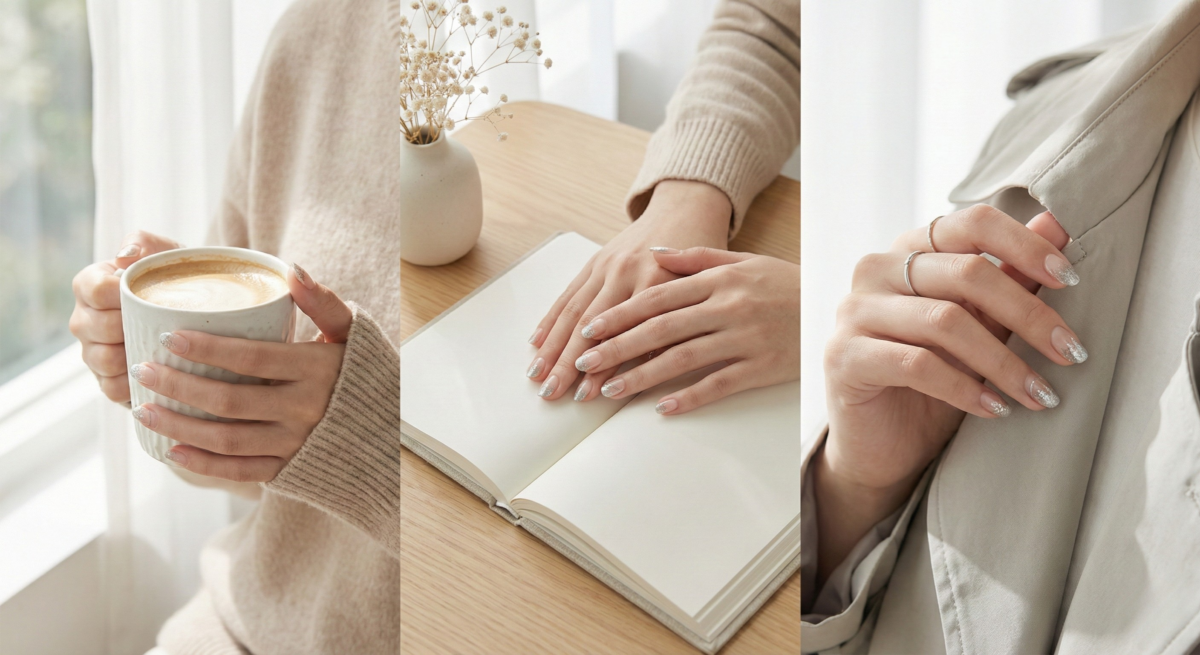 銀色法式漸層美甲以透明或裸色底暈染至銀色,呈現比經典法式更前衛的現代未來感,是提升晚禮服或正式套裝細節質感的個性之選。