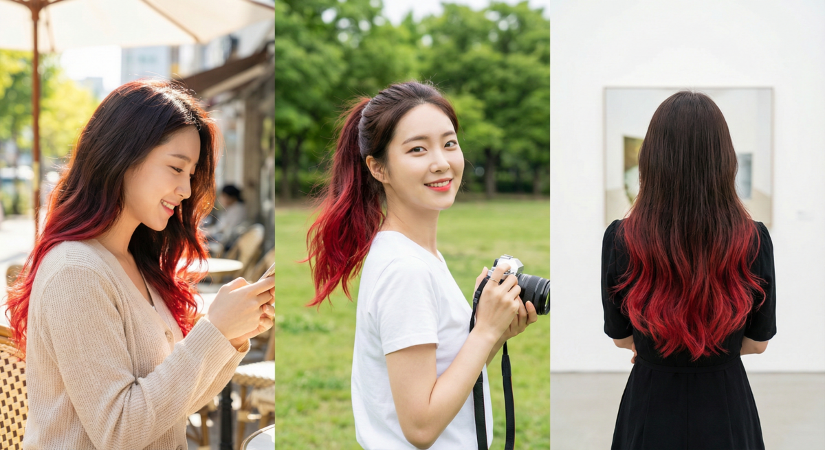 挑染裙擺染或耳圈染在棕色或黑髮中加入紅色點綴，過渡自然、層次豐富，是初染紅髮又怕布丁頭的安全選擇。