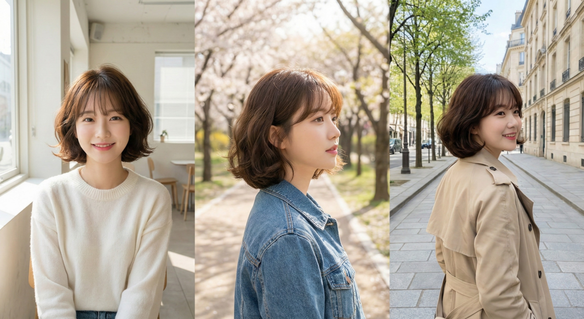 氣墊燙短髮配法式瀏海，髮根蓬鬆、髮尾C字，打造輕盈小臉感與慵懶迷人的法式氛圍。