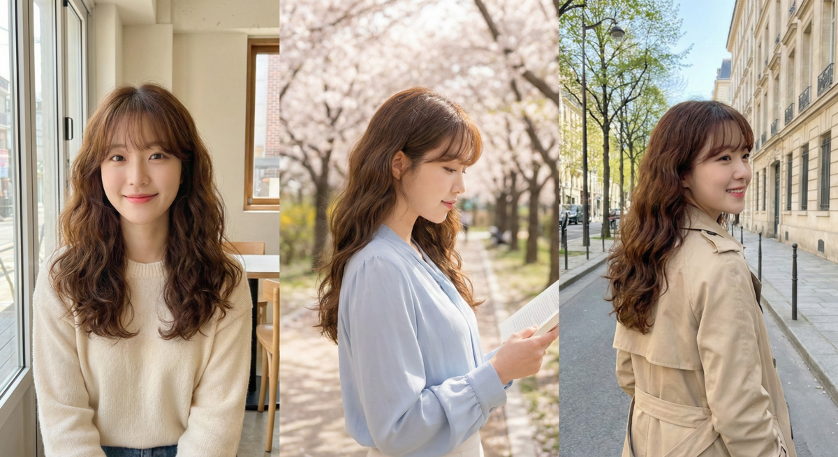 韓系溫塑燙配法式瀏海，自然蓬鬆大捲髮根立體、髮尾柔順，打造溫柔耐看又輕鬆駕馭的法式青春感。