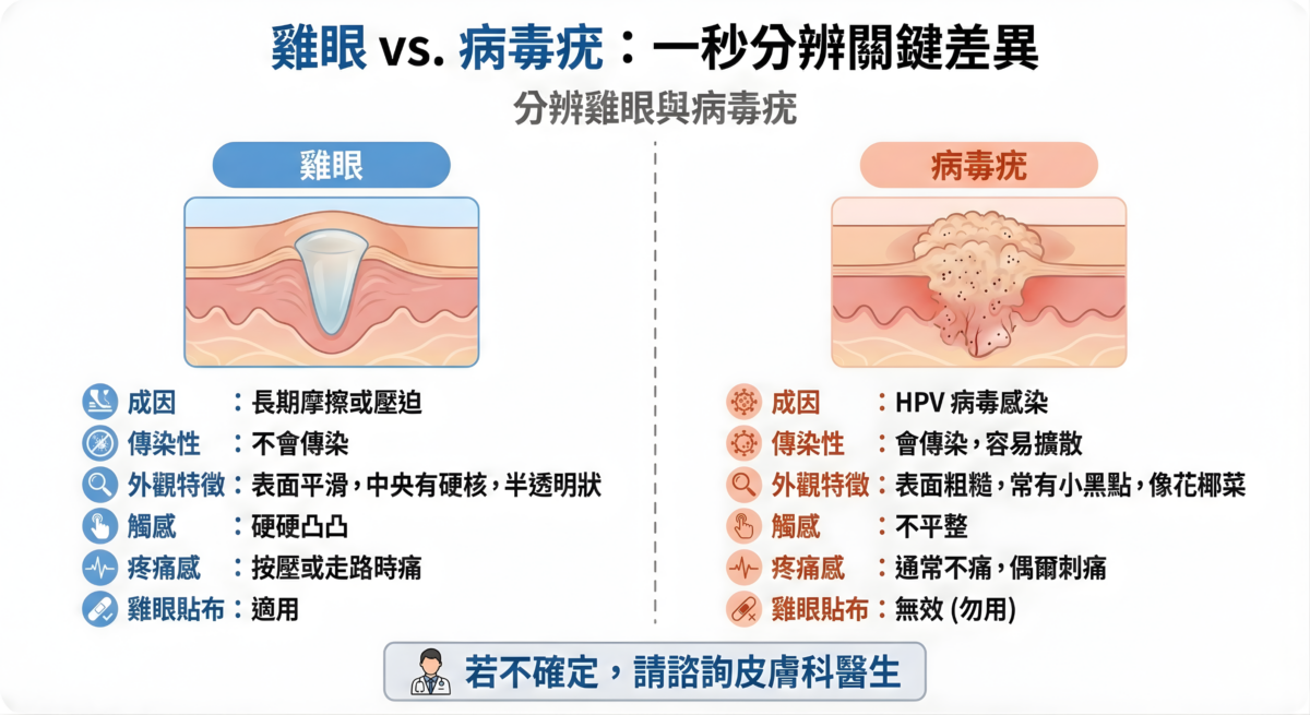 「雞眼與病毒疣差異」圖表，列出兩者的成因、傳染性、外觀特徵、觸感及疼痛感等資訊。