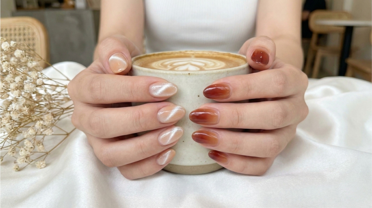 圖中展示玩跳色的美甲效果,它打破了對稱的傳統規則,利用雙手展現兩種截然不同的風格,是追求獨特與不撞款人士的最愛。