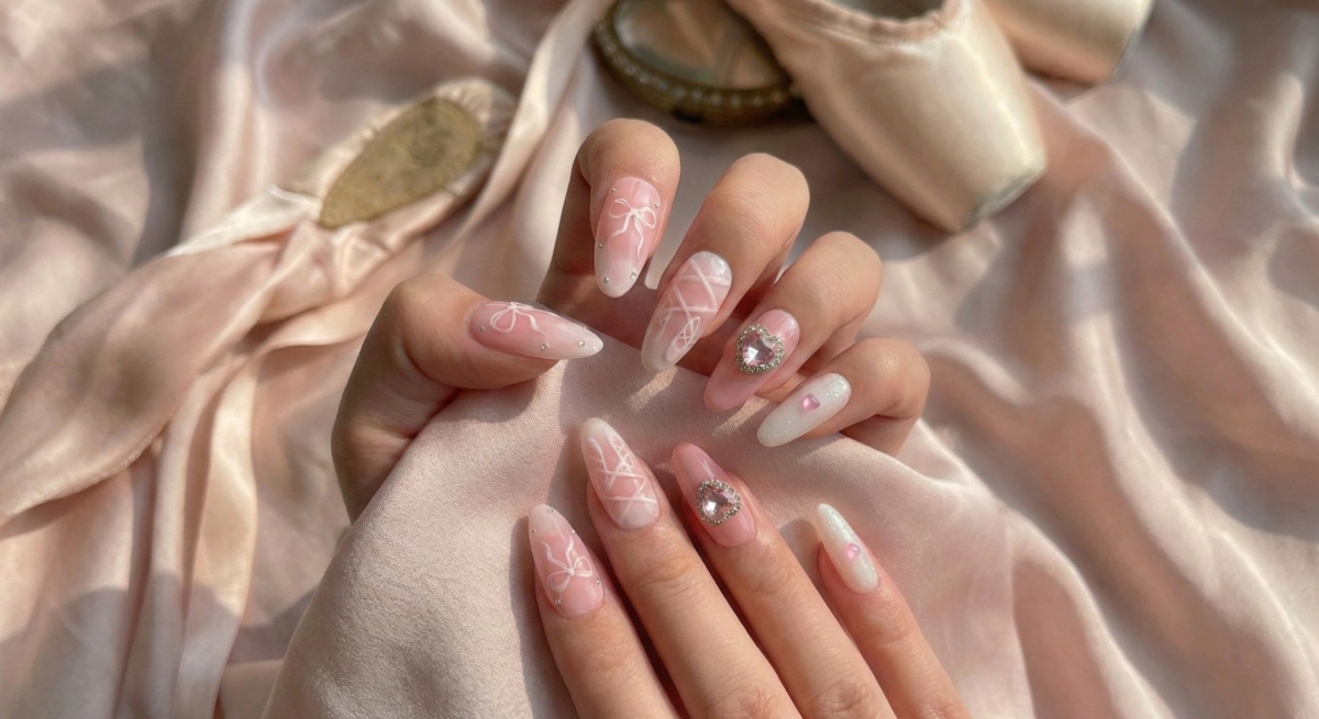 圖中展示的是芭蕾風美甲款式。緊跟著時尚圈的「Balletcore」熱潮,這款美甲將芭蕾舞伶的優雅姿態完美復刻於指尖。