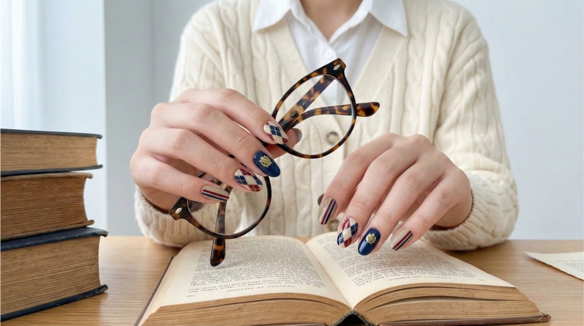 圖中展示的是氣質學院風美甲款式,風格乾淨俐落,帶有濃厚的書卷氣與英倫復古味,完美呼應了近年流行的「知識分子風」或「Miu Miu 系」穿搭。