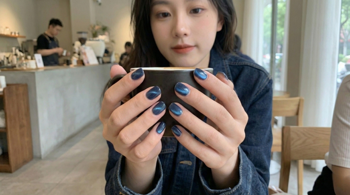 圖中展示的是藏青色貓眼美甲款式,這種極致的冷色調,展現出一種神秘、高冷且優雅的氛圍,電力十足。
