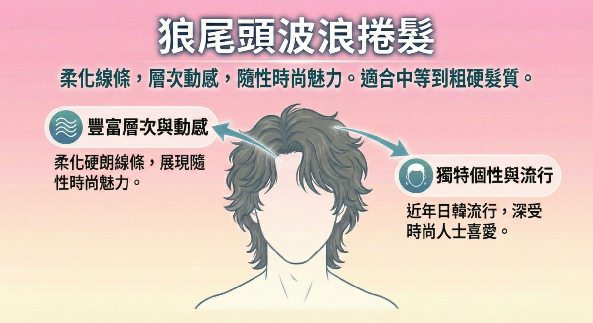 一張針對中等到粗硬髮質設計的「狼尾頭波浪捲髮」指南,強調透過波浪捲度來柔化臉部線條,展現豐富層次動感與日韓流行的隨性時尚魅力。