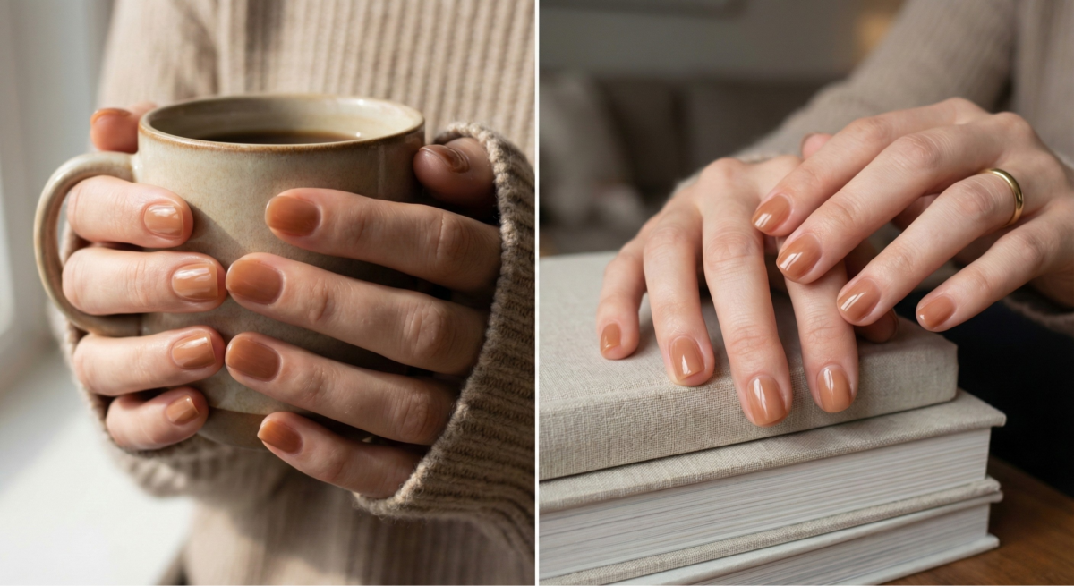 焦糖棕極簡單色美甲以純粹暖棕色調展現顯白高級感，宛如羊絨大衣般詮釋出Old Money風格的低調奢華與耐看。