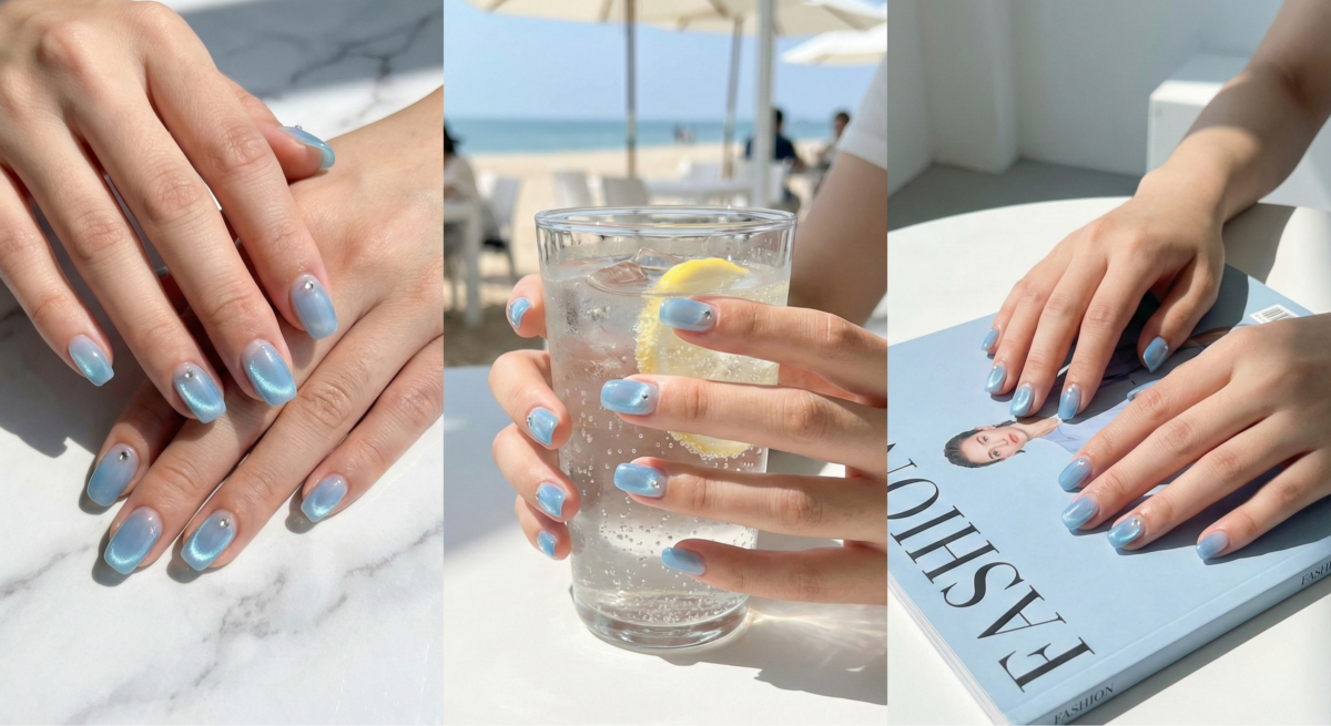水色鑽飾貓眼指甲以寶寶藍果凍質感與小鑽點綴,低調優雅,柔和百搭。