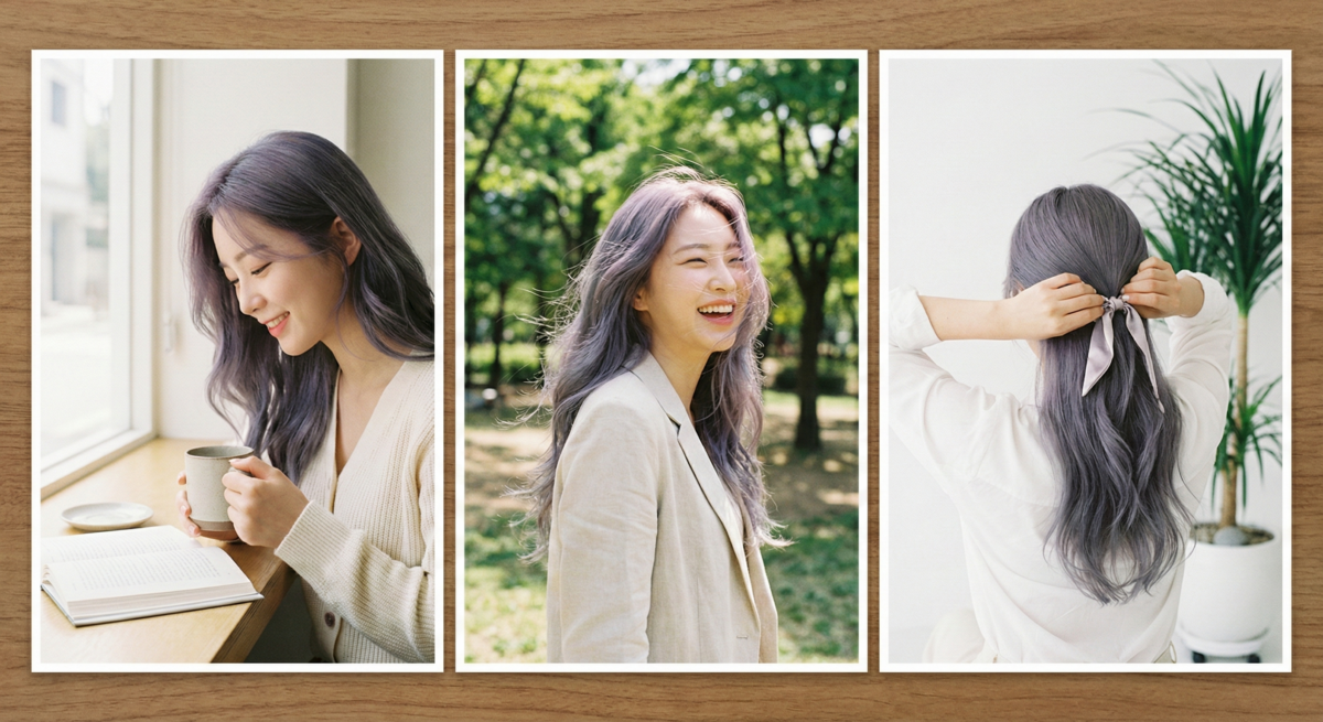 霧灰紫色髮色融合紫與灰調，中和黃氣、提亮膚色，散發仙氣高級感與神秘溫柔氛圍。