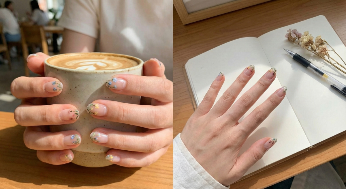 「法式指尖花卉」透明感美甲以透色底搭配深淺跳色和指尖花卉圖騰，風格精緻清新柔和，兼具活潑感與百搭減齡效果。