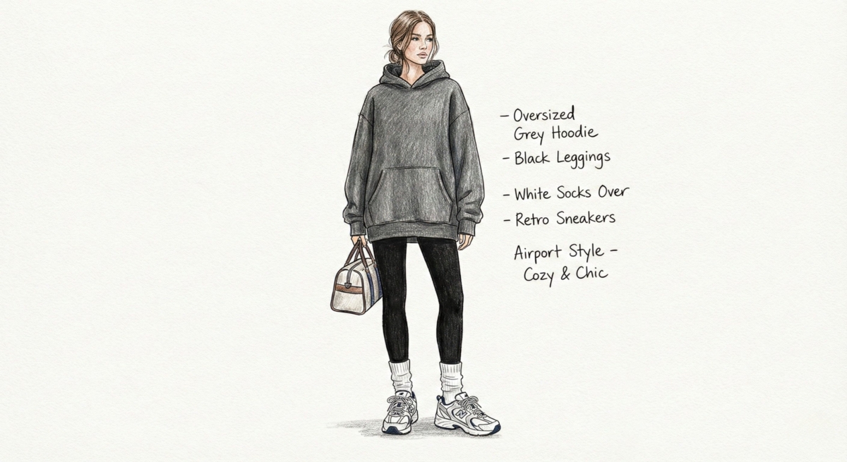 一張時尚插畫,展示了一位女性身穿舒適的「機場時尚風格」穿搭。她穿著一件寬鬆的深灰色連帽衛衣(Hoodie),搭配黑色緊身褲,白襪套在褲管外,腳踩復古運動鞋,手提旅行袋。圖片文字描述此風格為「舒適且時尚」(Cozy & Chic)。